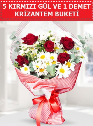 5 adet kırmızı gül ve krizantem buketi  Adana çiçek satışı 